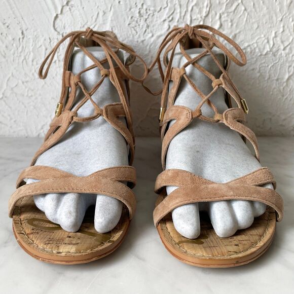 Sam Edelman Tan Gladiator Sandals Back Zip Low Cork Wedge Heel Women's 10 - Picture 3 of 9